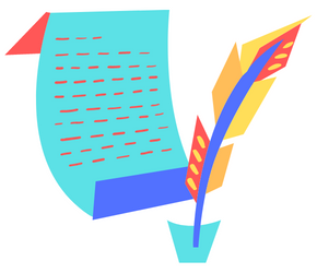 A piece of paper, an ink pot, and a quill