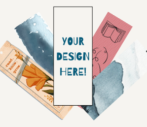 5 bookmarks splayed out like a hand fan, the one in the middle features the text 'YOUR DESIGN HERE!'