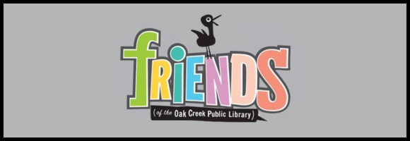friends (of the Oak Creek Public Library) logo on gray background with black border