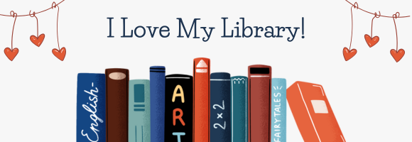 11 books stacked in a row, as if on a shelf, with 6 red hearts hanging down from strings above them. Between the hearts are the words 