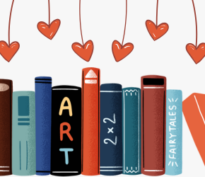 A row of books beneath a sting of red hearts
