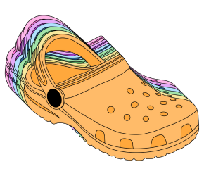 An pastel orange Croc shadowed by pastel yellow, green, blue, purple, and pink Crocs