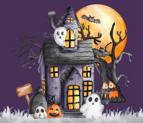 A three-story haunted house infront of a dead tree and a full moon set against a dark purple backdrop. There are three white-sheet ghosts, a jack o' lantern, and a headstone.