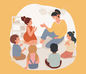 An adult woman speaking with a group of five children sitting together in a circle formation