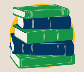 A stack of dark green and dark blue bound hardcover books against a yellow circle and beige background