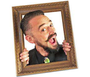 PNG image of performer Dan Gogh from the chest up emerging from a gold picture frame